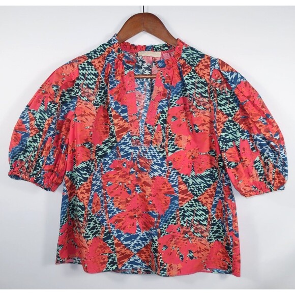 Ulla Johnson Flamingo Tillie Top Cotton Poplin Puff Sleeves Split Neck Multi 2 - Picture 1 of 11